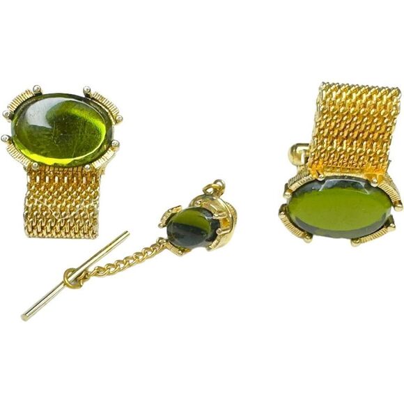 VINTAGE Cuff Links and Tie Tack Gold-tone & Green Stone Cufflinks Tie Tack Lot E - Picture 4 of 6